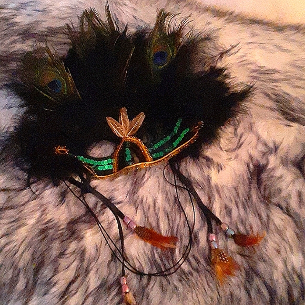 Masquerade Mask with feathers w/ green sequins
